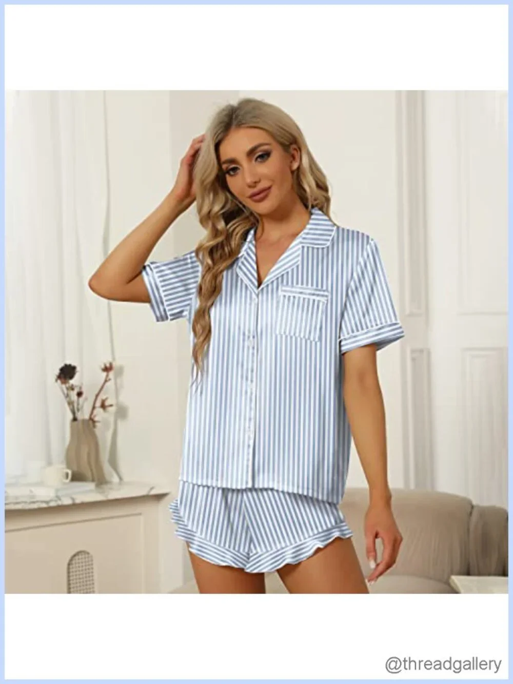 Satin Silk Pajama Set Ruffle Short Sleeve Button Down
